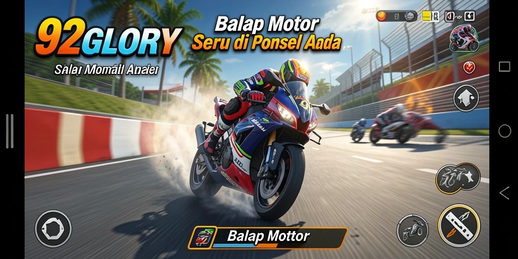 Tampilan antarmuka game balap motor yang dinamis dan menarik.